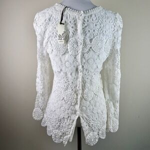 Granny Cottagecore Ivory Doily Crochet Lace Eyelet Button Back Blouse S New